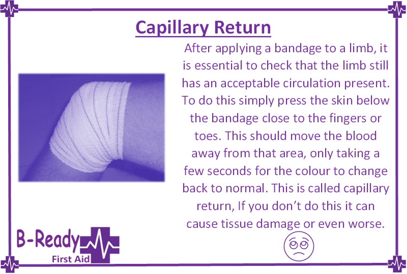 B-Ready First Aid info about checking Capillary Return after bandage applied in a first aid situation