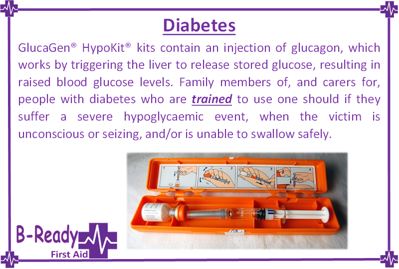Picture & words. GlucaGen or HypoKit kits contain an injection of flucagon, which works by triggering the liver to release stored glucose, resulting in raised blood glucose levels. Family m embers of, & careers for, people with diabetes who are trained to use one should if they suffer a severe hypoglycemic event, when the victim is unconscious or seizing, and/or is unable to swallow safely.