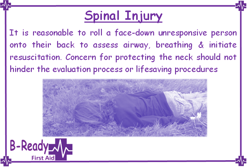 Picture of a lady laying on the grass face down with text above the picture which says.It is reasonable to roll a face-down unresponsive person onto their back to assess airway and breathing and initiate resuscitation. [Class B; Expert consensus opinion] Concern for protecting the neck should not hinder the evaluation process or lifesaving procedures 